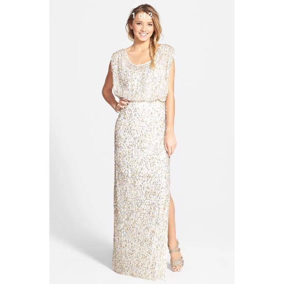 NWT JS Collections Blouson Bodice Sequin Mesh Gown in Gold/Silver [SZ‎ 4 ] - Picture 11 of 11